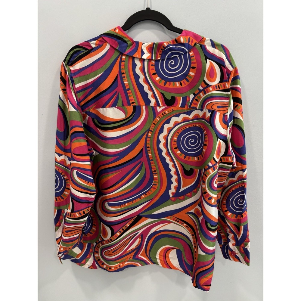 Clothes 1X 100% Silk Colorful Paisley Retro Button Front Blouse Top Maximalist - Picture 2 of 8